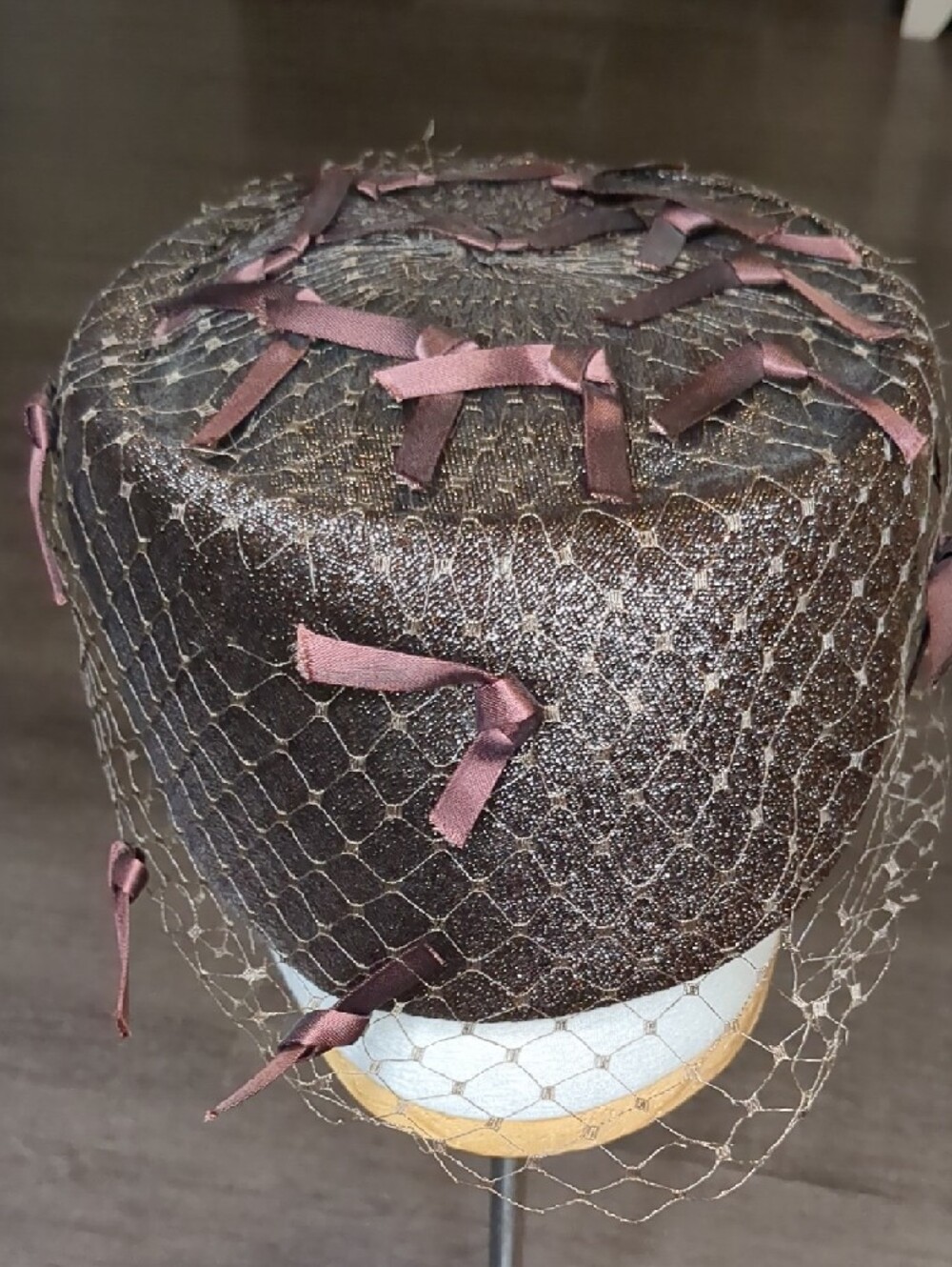 Vintage 50s Joseph Magnin Pillbox Hat Brown Netted W/ Bows Elegant Mid Century - Picture 12 of 14